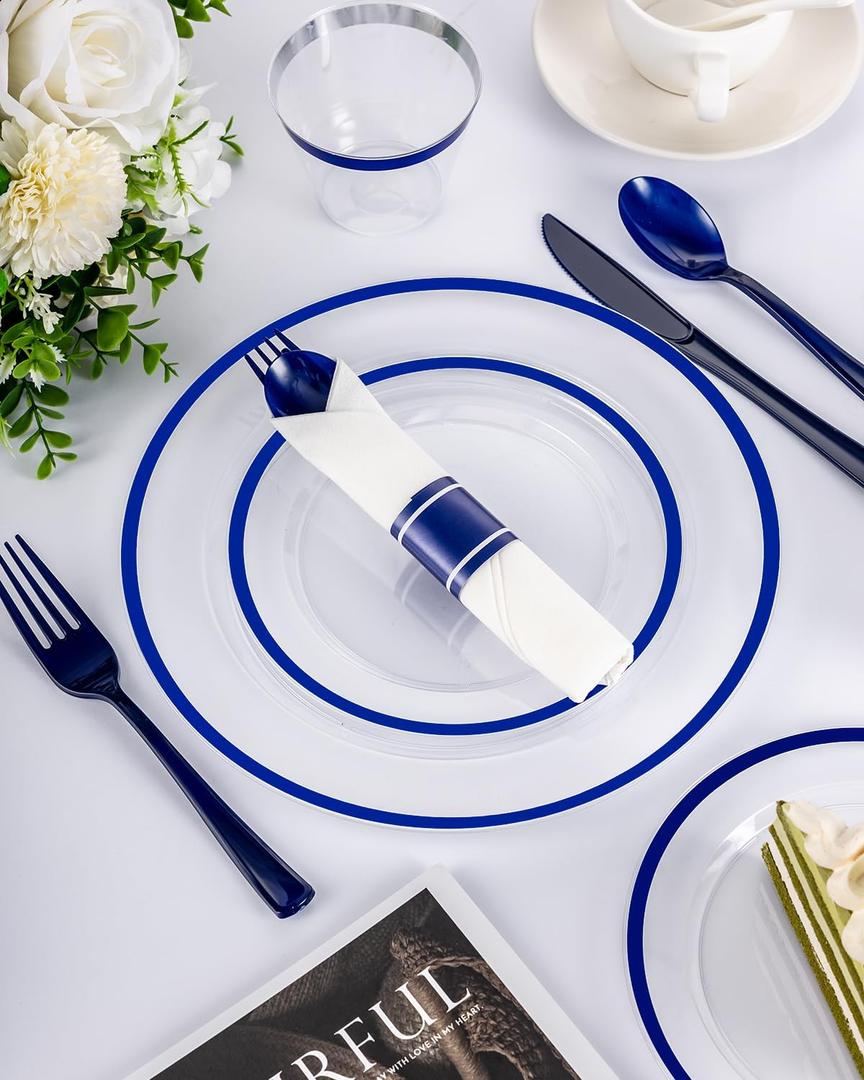 BESTVIP 350PCS Plastic Clear Blue Plates for Party, Disposable Dinnerware Set for 50 Guests,100 Plastic Plates, 50 Cups, 50 Pre-Rolled Napkins with Cutlery for Party, Christmas, Wedding