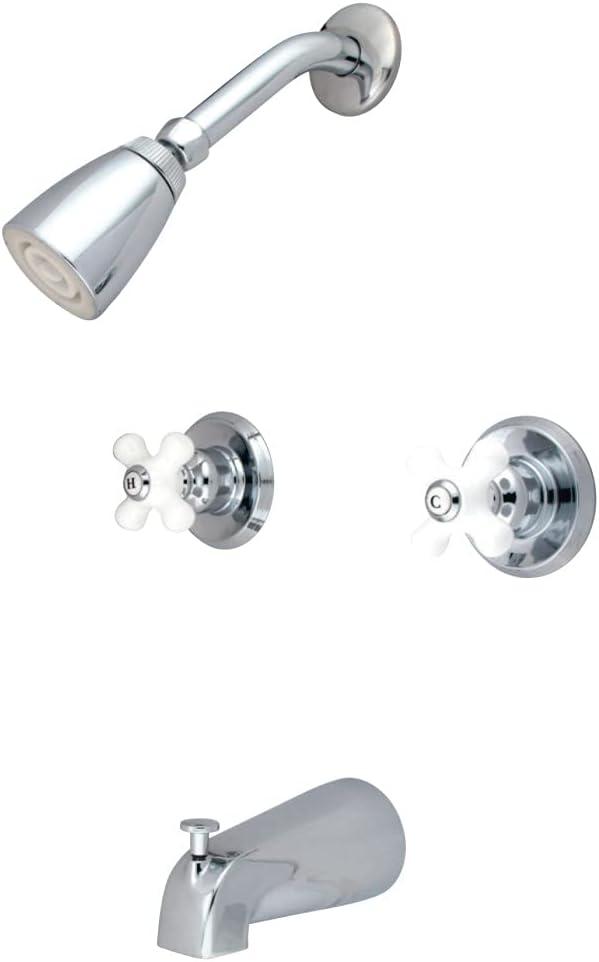 Kingston Brass KB241PX Magellan Tub and Shower Faucet Porcelain Cross Handle, Polished Chrome,5-Inch Spout Reach