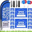 Buryeah 106 Pcs Real Estate Agent Supplies Accessories, 2 Open House Banner Flag with Pole Kit, 14 Yard Lawn Ground Sale Directional Arrows Signs with Stakes Double Sided and 90 Balloons (Blue)