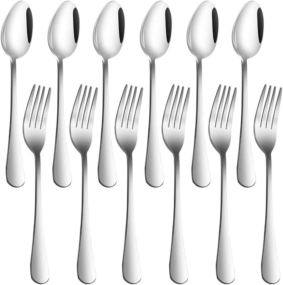 Set of 12, Stainless Steel Dinner Forks and Spoons, findTop Heavy-duty Forks (8 Inch) and Spoons (7 Inch) Cutlery Set (Silver)