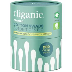 Cliganic Organic Bamboo Cotton Swabs, 200 Count - 100% Pure Natural Cotton, Chlorine-Free Hypoallergenic, Soft, Gentle & Absorbent Buds