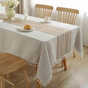 JIALE Tablecloths for Rectangle Tables, Cotton Linen Table Cloth Waterproof Tablecloth Wrinkle Free Farmhouse Dining Tables Cover, Soft Fabric Table Cloths with Tassels, Brown, 55" X 86", 6-8 Seats