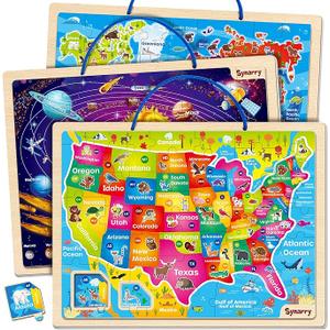 SYNARRY Large USA World Solar System Wooden Magnetic Puzzles for Kids Ages 4-6, Wood Puzzles Educational Games Toys Easter Gifts for Toddlers, United States World Space Map for Boys Girls Ages 3-5 4-8