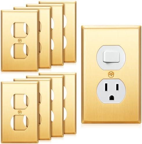 Zonon 8 Pack Gold Outlet Covers 4.50" x 2.76" Duplex Outlet Cover Brass Metal Brushed Decorative Gold Receptacle Wallplate Corrosion Resistant,Standard Size,Brushed Brass