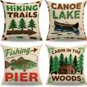 7COLORROOM Set of 4 Vintage Sea Pillow Covers Ocean Style Lake/Forest/Fish Cushion Cover Nautical Beach House Decorative Square Cotton Linen Pillowcases 18 x 18 Inches for Sofa Couch (Forest Sea)