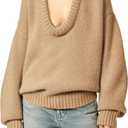 MISSACTIVER Women's Low Cut U Neck Oversized Sweater Casual Solid Long Sleeve Drop Shoulder 2024 Winter Pullover Jumper Tops (Khaki) S