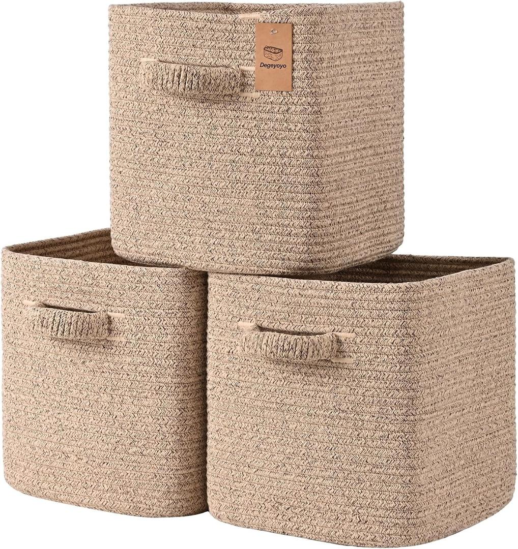11 Inch Storage Cubes, 3 Pack Cube Storage Bins for Organizing, Cotton Rope Woven Baskets for Shelves, Bathroom, Kids Room, Closets, Baby Nursery