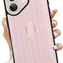 KANGHAR for iPhone 16 Case Stand White and Pink Stripes Full Body Rugged Shockproof Protection Glossy Protective Slim Case 6.1 Inch