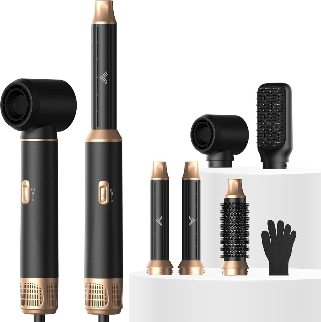Atopskins 5 in 1 Hair Dryer Brush Set, Detachable Hot Air Styler, Blow Dryer Brush, 3 Heat Settings Auto Curling Wrap Styler, Ionic Hair Styling Tools - Straighten Curl Dry Volumize Smooth (Black)