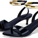 Coutgo Women's Low Kitten Heels Sandals Strappy Pointed Open Toe One Strap Metal Summer Dress Shoes (7, Navy Blue)