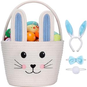 Easter Baskets for Kids Cute Bunny Egg Hunt Basket Bags with Bunny Ears Headband Bow Tie Tail Set (Blue)