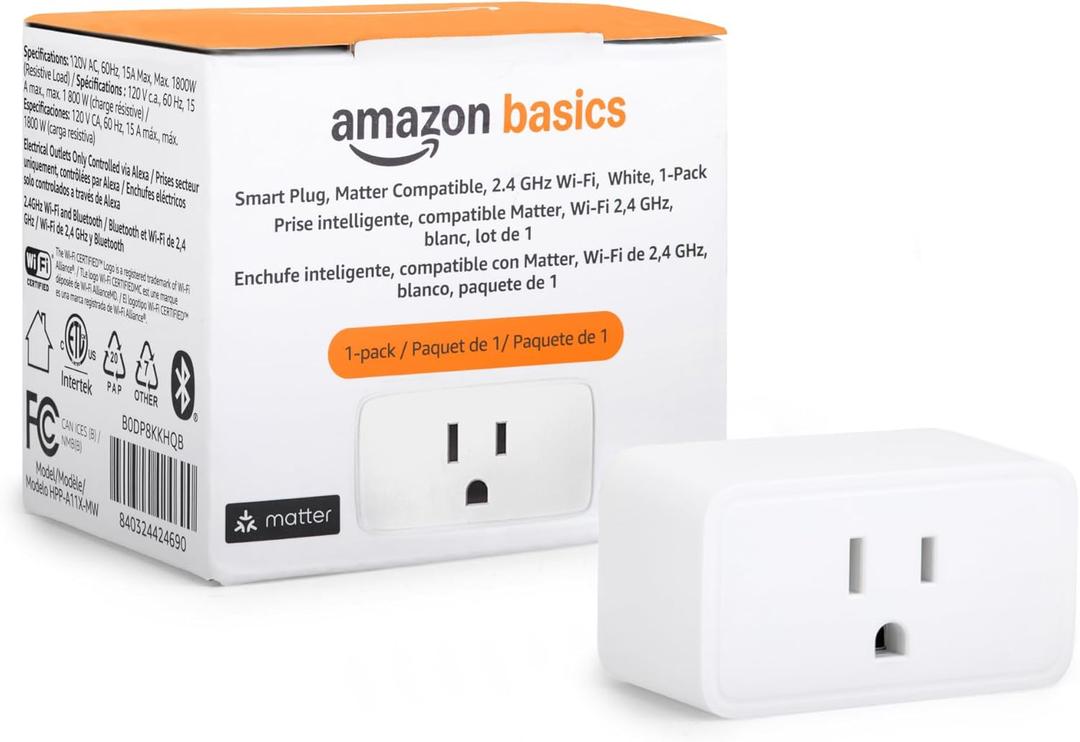 Amazon Basics Smart Plug, Matter Compatible, Compatible with Amazon Alexa, Google Home, Apple HomeKit, Matter Hub Required, 2.4 GHz Wi-Fi only, White, 1-Pack