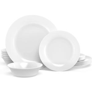 Dinnerware Set, HomeElves 18-PCS Kitchen Opal Dishes Set Service for 6, Lightweight Glass Plates and Bowls Set, Safety for Microwave & Dishwasher, Break and Chip Resistant (Round: Service for 6 (18pcs), Opal Glass-White)