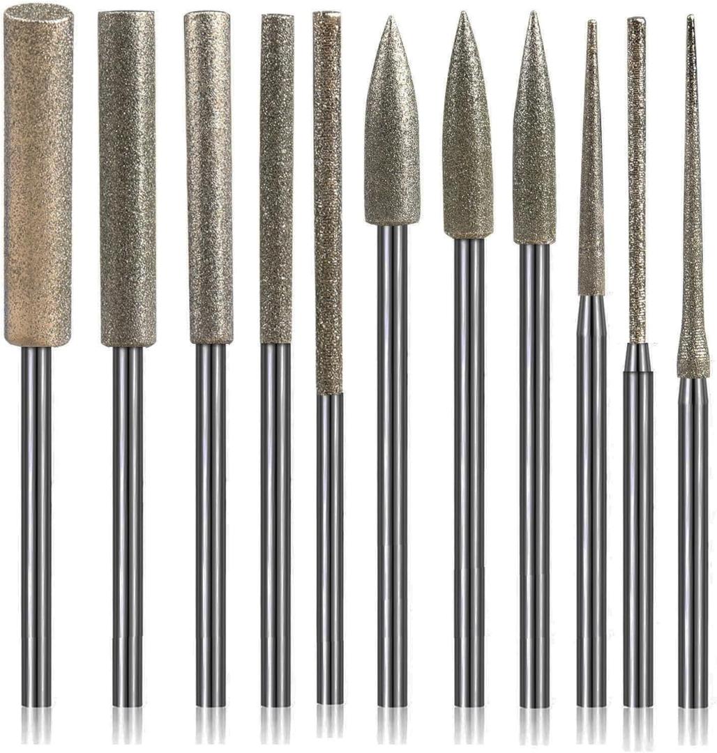 3 x Diamond Grinding Burr Drill Bit Set for Dremel, 11PCS Polishing Kits Stone Carving Rotary Tools Attachment Accessories with 1/8'' Shank For Carving, Engraving, Grinding, Stone, Rocks, Jewelry, Glass