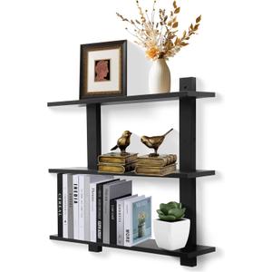 PHOENANCEE 3 Tier Floating Shelves, Long Wall Shelf, Over The Toilet Shelves Bathroom Hanging Display Storage Rustic for Living Room Bedroom Kitchen Office Coffee Bar Decor Decorative, 24 Inch (Black, Pack of 1)