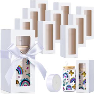 Honoson 24 Pcs Tumbler Gift Box with Ribbon for Sublimation Glass Exhibition Boxes Transparent for 12oz 16oz 20oz Drinking Cup Glasses Jars Mug Can Blanks (White,7.9 x 3.4 x 3.4 Inches)