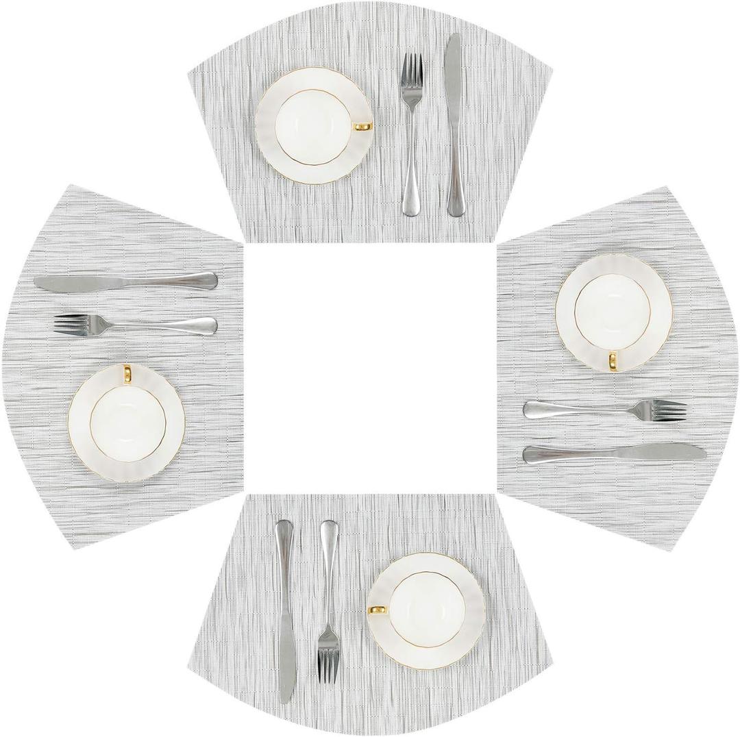 SHACOS Small Round Table Placemats Wedge Placemat Set of 4 Non Slip Heat Resistant Woven Vinyl Table Mats Wipe Clean Indoor Outdoor (4, Gray White)