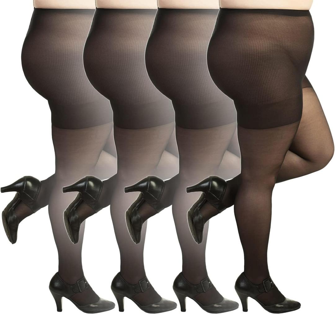 Silky Toes Plus Size Pantyhose for Women Soft Sheer Queen Tights (Black - 4 Pairs)