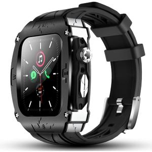 Luxury Metal Case for Apple Watch 8 7 45mm 6 44mm Band with Cover Heavy Duty Rugged Case Silicon Strap for men iWatch 6 5 4 SE 44mm Full Protective Cover (Black-Silver)