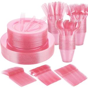 WYTAOHZL 240PCS Pink Glitter Dinnerware Set 40Guest Disposable Pink Glitter Dinnerware 10.2"Dinner Plates 7.5"Salad Plates with 40PCS 9 oz Plastic Cups 40Guests Plastic Forks Knives Spoons