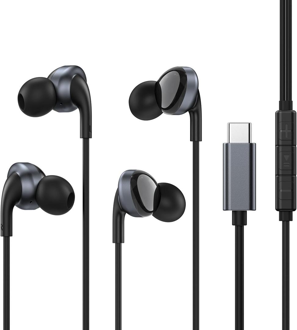 USB C Headphones for Samsung Galaxy S24 Ultra S23 S22 S21 S20 Note 20 10+ Flip Fold A54 A53,2-Pack Type C Earbuds in-Ear Headphones with Mic Volume Control for iPhone 16 15 Pro Max Plus Pixel 8 7 6a