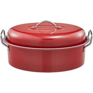 BRONYPRO Large Turkey Roasting Pan with Lid & Rack, 18-Inch Durable Granite Non-Stick Roaster, 20 lb Capacity for Roasting Turkey, Chicken Or Vegetables, Red