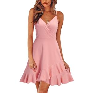 ULTRANICE Womens Summer Dresses Floral V Neck Ruffled Hem Spaghetti Spring Casual Beach Outfits Flowy Wrap Sun Dress (Medium, Pink)