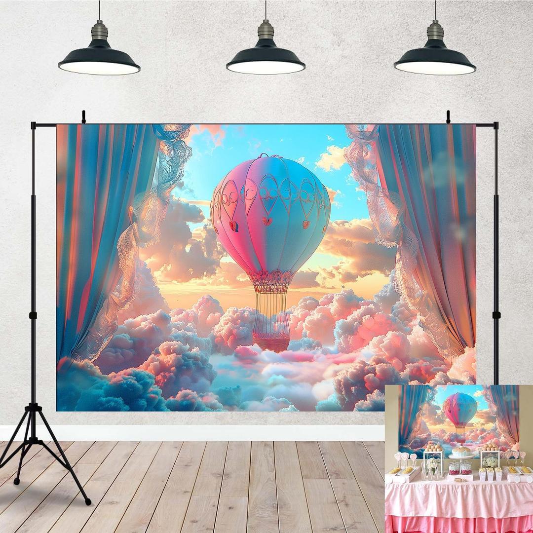 5x3ft Hot Air Balloons Photo Backdrop Dreamy Sky Clouds Backdrop Adventure Girl Baby Shower Background for Girls Birthday Party Diaper Keg Party Decorations Studio Banner Props KUBDJ1454