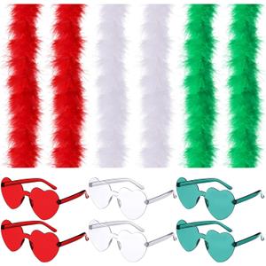 Yunsailing 6 Pcs Feather Boa 6ft Mardi Gras Boas Red Green White Boas for Party Bulk, 6 Pcs Heart Sunglasses Clear Rimless Heart Glasses Boa Costume for Women Girls Carnival Party Favors Decorations