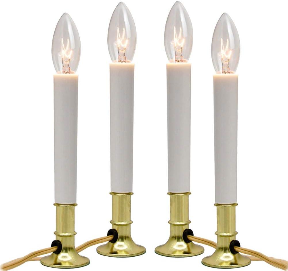 4 Pack Christmas Electric Window Candles Lamps with Gold Plated Base, Christmas Window Candles with 7 Watt C26 Clear Bulbs, Plug in Window Candle Lights for Wedding Home Church Decor, On/Off Switch