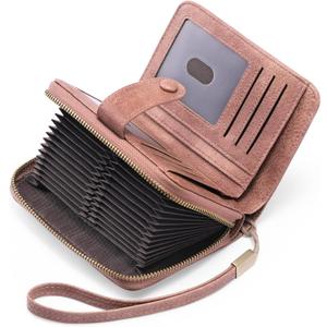 GAEKEAO Leather Credit Card Holder Wallet for Women RFID Blocking Large Capacity Bifold Zipper Card Case Organizer with Wristlet 32 Slots