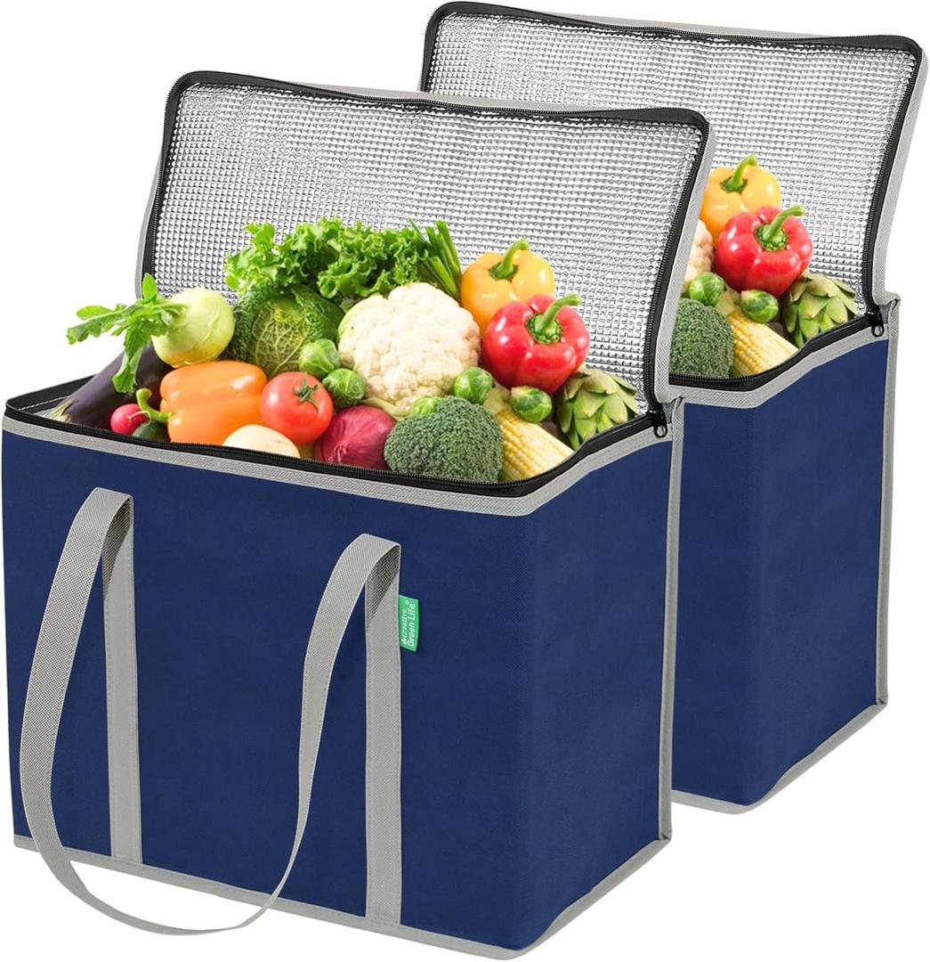Creative Green Life XL Insulated Reusable Grocery Bags (2-Pack) - Premium Quality Cooler Bags with Hard Bottom Insert, Stands Upright, Washable (Blue)