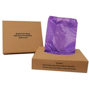 Originalpetbags 200 Black Easy Open & Easy-tie Handle 15" Strong Leak- Proof Poop Bags, Dog Waste Bags Made in USA (not on rolls) (Purple)