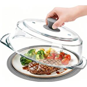 Glass Microwave Splatter Cover for Food with Microwave Place Mat - Sturdy Plate Guard Lid with Vent Holes and Easy-Grip Silicone Handle - BPA Free, Dishwasher Safe (Grey)