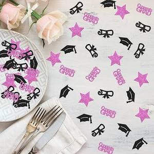 ShuanQ 120pcs Congrats Grad Confetti - Class of 2025 Graduation Party Sign - High School College Graduation Party Table Decoration Scatters - Black & Pink Glitter Glitter