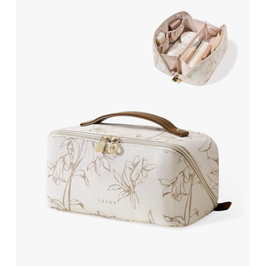 EACHY Travel Makeup Bag, Large Capacity Cosmetic Bags for Women, Waterproof Portable Pouch Open Flat Toiletry Bag Pattern Make up Bag (F-Beige)