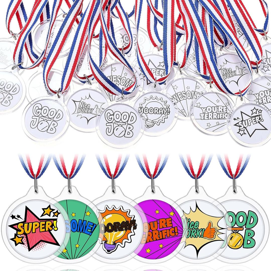 DIY Blank Medals for Kids, Design Your Own Award Medals with Colorable Sheets and Blank Sheets, Custom Acrylic Awards Kit with Ribbon for Back to School Field Day Games Prize Gifts