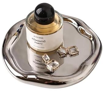 CHENDECOR Silver Tray Decorative Vanity Tray Bathroom Tray Jewelry Dish Ceramic Silver Round Plate Holder Makeup Tray Home Organizers Irregular Storage Plate Bathroom Organizer (Round)