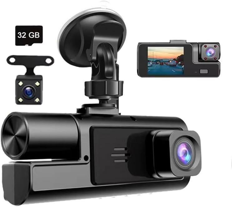 1080P 3 Channel Dash Camera for Car Front and Rear Inside Dashcam Car Video Recorder,170Wide Angle Vehicle Cam,WDR,G-Sensor,2 IPS Screen,Loop Recording,Night Vision(3Channel Dash Cam With 32G Card)