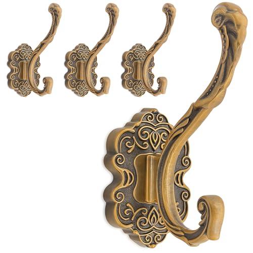 RIXIGOOD Vintage Coat Hooks Wall Mount, Unique Heavy Duty Wall Hooks for Hanging Towel Key Purse Hat Robe Clothes Decorative Hook for Bathroom Shower Closet Entryway Antique Brass 4 Pack