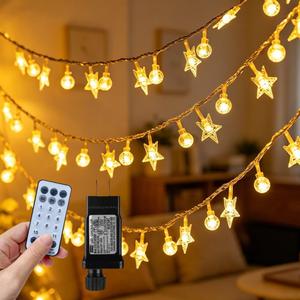 50 Stars & 50 Globes String Lights for Wedding, Party, Holiday Decor - 100 LED, 49.2ft, Remote Control, 8 Modes, IP44 Waterproof, Linkable Plug in Lights for Indoor Outdoor, Backyard, Celebration