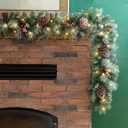Glitzhome 9ft Prelit Christmas Garland, Glittered Greenery Garland Artificial Pine Garland with Pine Cones Berries, Christmas Garland with Lights and Timer for Mantle, Fireplace, Stairs Decorations