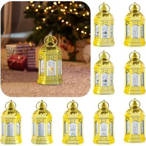 10 Pcs Gold Mini Lanterns Decorative with LED Candle - Small Lanterns Wedding Table Decorations for Centerpieces Home Decor, 6" Hanging Candle Lanterns, Batteries Included