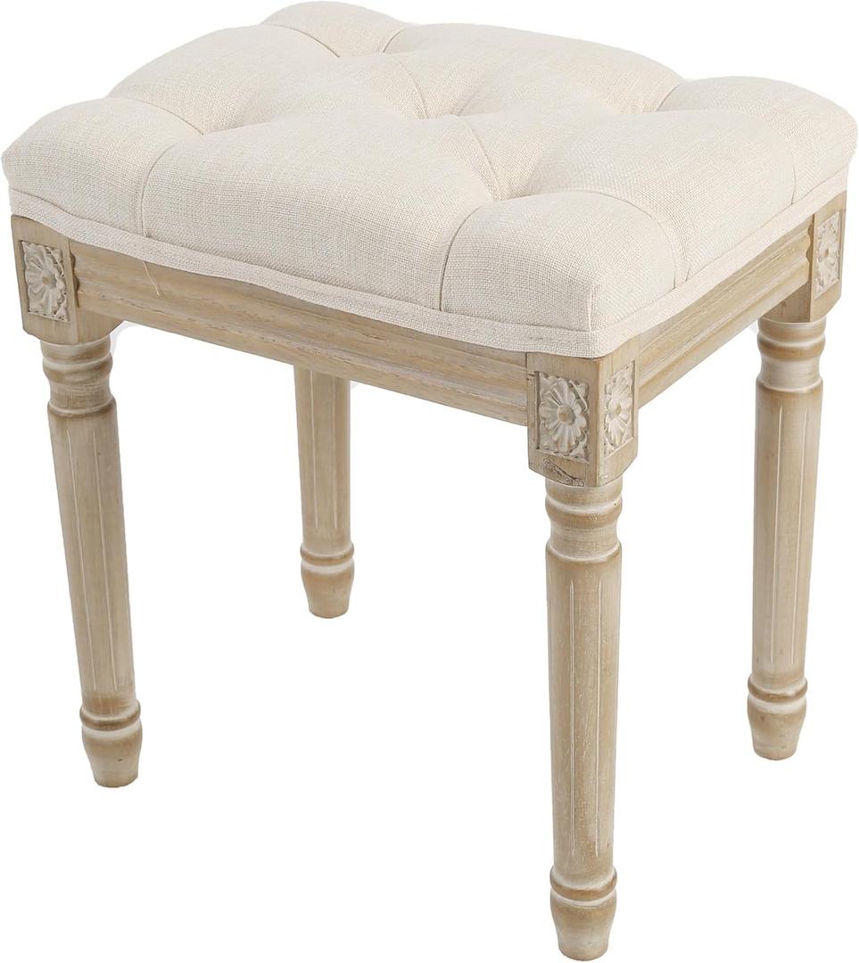 Yusong Vanity Stool Upholstered Bench Seat for Makeup Room, Vintage Small Bedroom Bench Dining Bench with Tufted Fabric for Living Room, Piano Stool with Rustic Wood, Easy Assemble, Beige (17''*13''*18.6'')