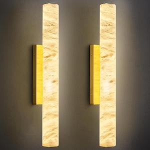 LMQNINE Natural Alabaster Wall Sconces Set of Two Spanish Marble Wall Light Cylinder Modern Gold LED Sconce for Living Room Bedroom Bathroo StairsM-2Pack