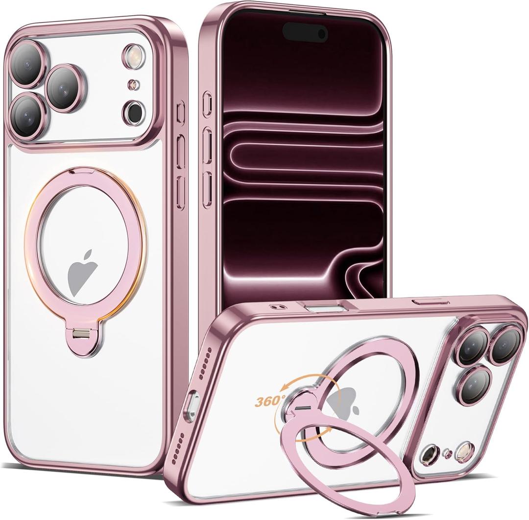 AmoraAqua Compatible with iPhone 17 Pro Max Case with 360° Rotatable Magnetic Ring Stand [Compatible with Mag-Safe] Camera Lens Protector Plating Clear Phone Case for iPhone 17 Pro Max 6.9", Pink