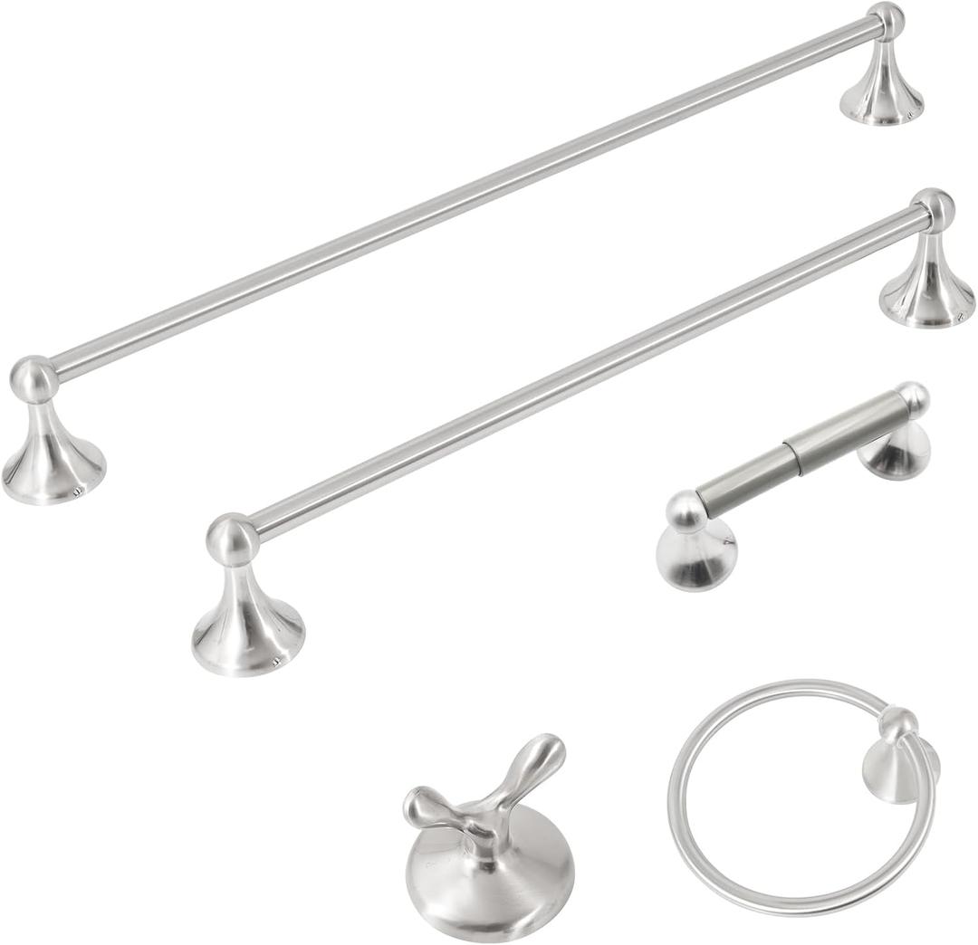 24-Inch Wall Mounted Bathroom Towel Rack Set, 5-Piece Stainless Steel Bathroom Hardware Set with Towel Bar, Towel Ring, Toilet Paper Holder & Hook, Brushed Nickel