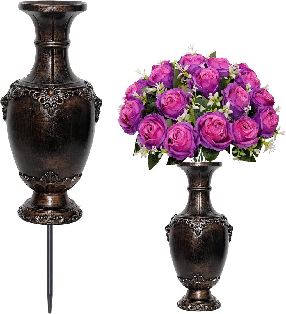 Memorial Grave Vase with Ground Spikes,Cemetery Vase, Headstones Flower Holder, Vases for Artificial Flowers for Grave Markers Cemetery Decorations (1, Bronze)