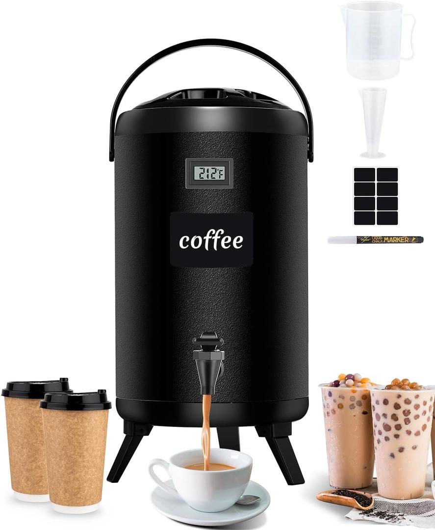 Insulated Beverage Dispenser 2.2 Gal - Hot Drink Dispenser 304 Stainless Steel w/Real-time Thermometer Iced Beverage Dispenser Water Milk Tea Coffee for Parties Catering Commercial w/Labels, Black
