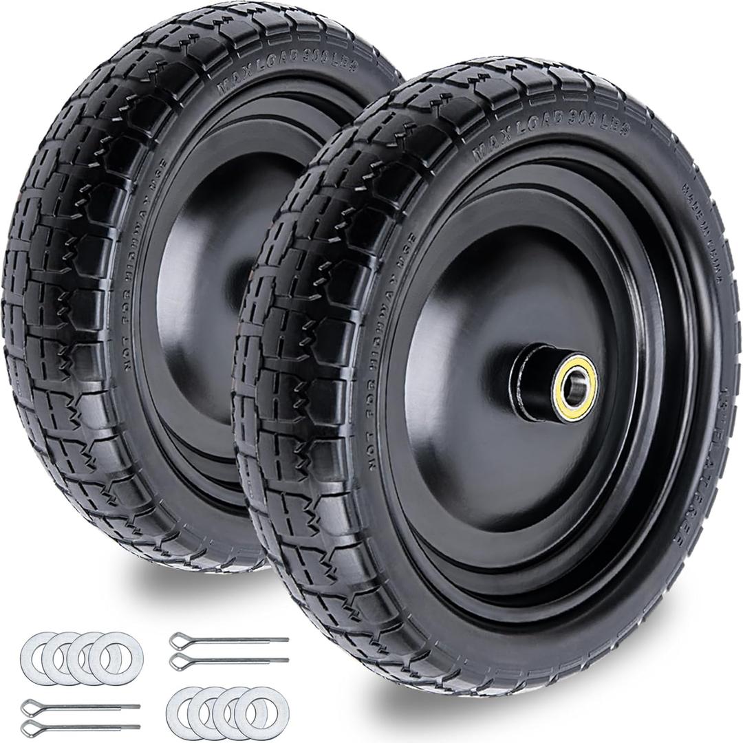 13" Flat Free Wheels, 4.00-6 Tire Flat Free 2-Pack with 3/4" Bearings 2.1" Offset Hub for Gorilla Cart, Wheelbarrow, Garden Cart, Trolleys, Hand Trucks & Yard Trailers